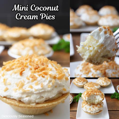 A three collage photo of mini coconut cream pies.