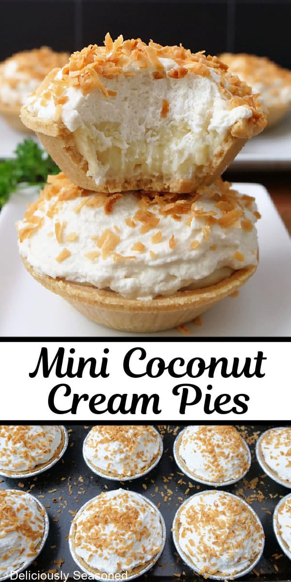 A double collage photo of mini coconut cream pies.