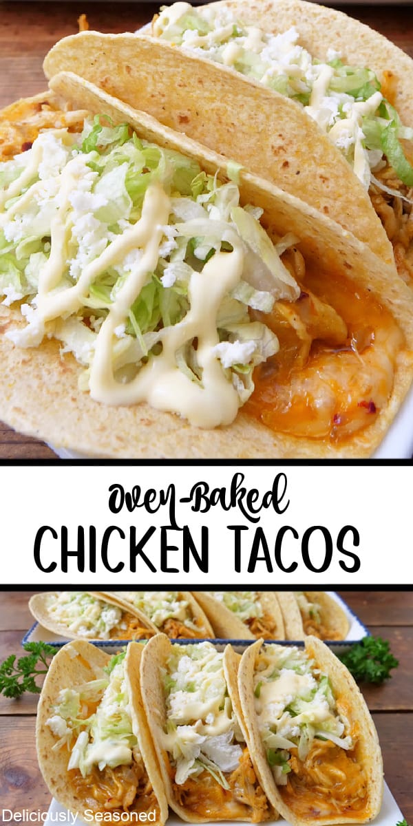 A double collage photo of baked chicken tacos.