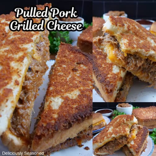 A three collage photo of pulled pork grilled cheese.