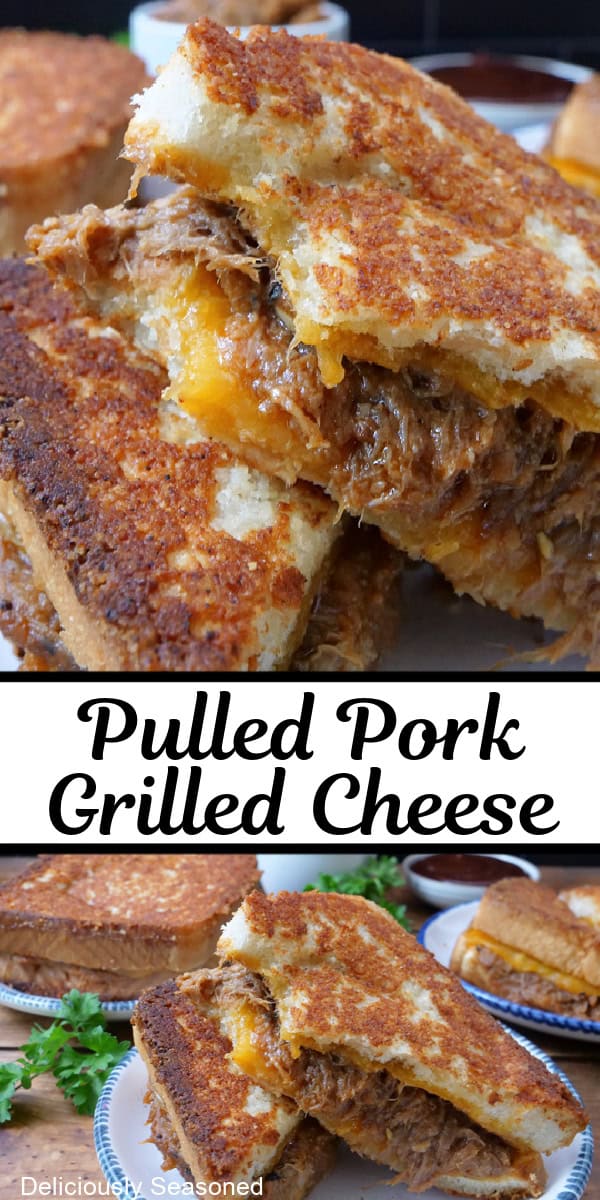 A double collage photo of pulled pork grilled cheese sandwiches.