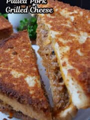 A close up of a pulled pork grilled cheese sandwich but in half and one of the halves being lifted off the plate.