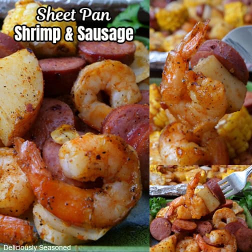 A three collage photo of sheet pan shrimp and sausage.