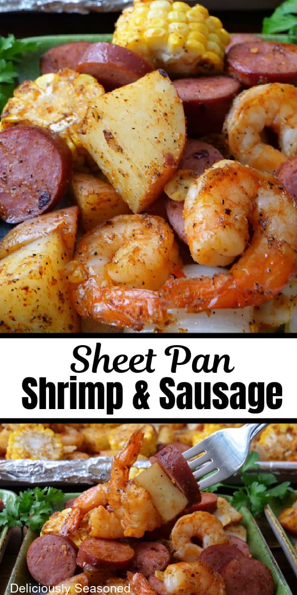 A double collage photo of sheet pan shrimp and sausage.