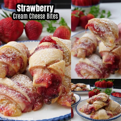 A three photo collage of strawberry cream cheese pastry bites.