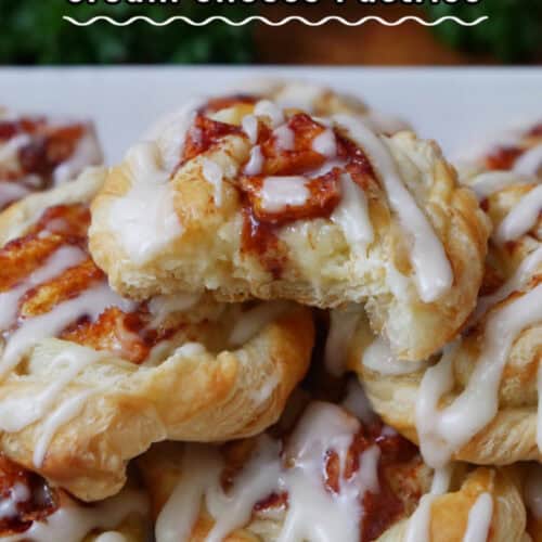 A small stack of mini peach pastries on a white plate with the title of the recipe at the top of the photo.