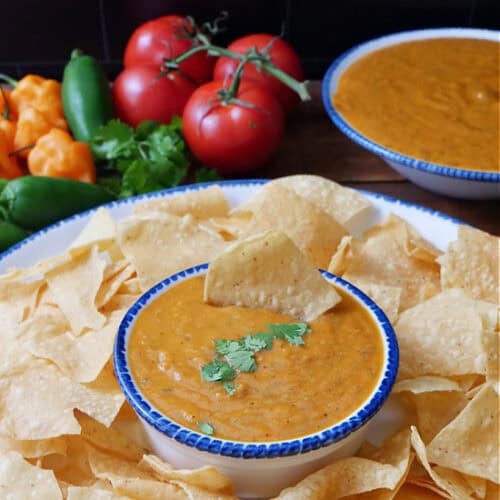 Habanero salsa recipe served up in a white bowl with blue trim surrounded by chips.