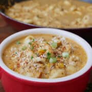 A bowl of street corn tortellini soup.