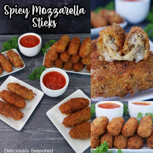 A three collage photo of spicy mozzarella sticks with the title in text at the top.