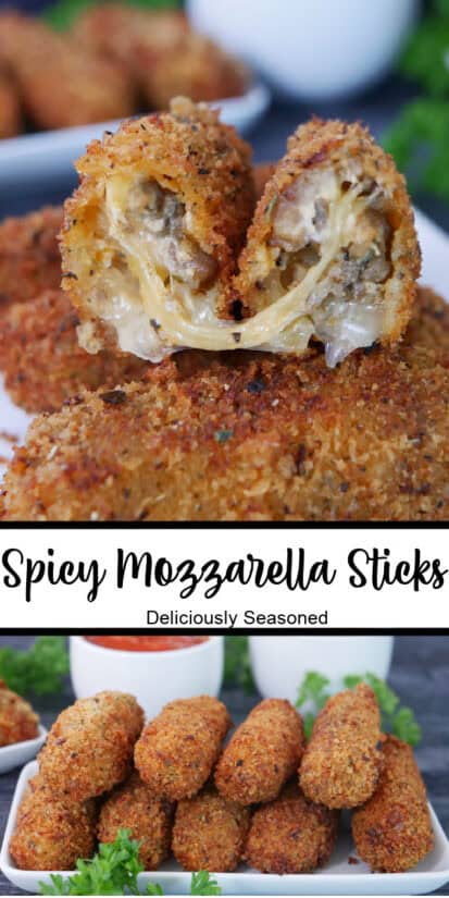 A double collage photo of spicy mozzarella sticks with the title in text in the center of the two photos.