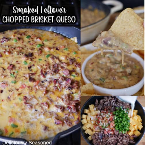 A three collage photo of leftover brisket queso with the title of the recipe at the top in text.