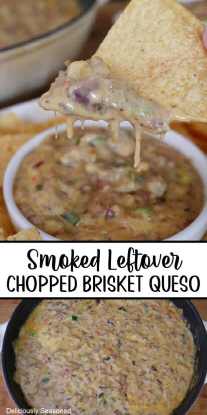 A double collage photo of smoked brisket queso with the title of the recipe in text in between the two photos.
