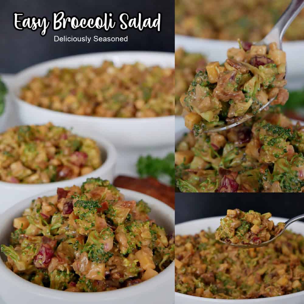 Three pictures of broccoli salad with the title in text at the top.