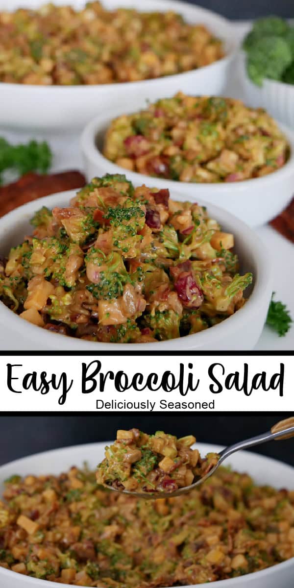A double collage photo of broccoli salad with the title of the recipe in text between the two photos.
