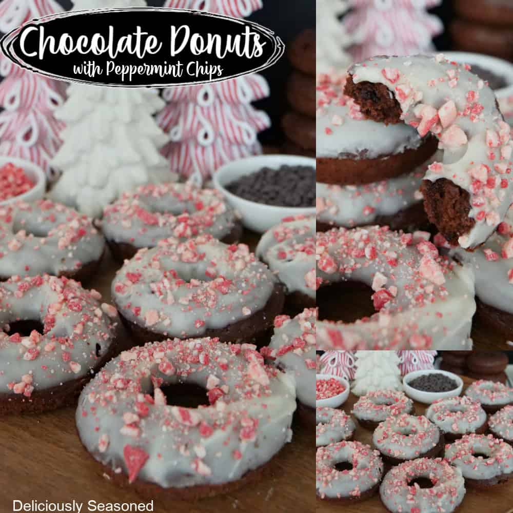 Three photos of iced chocolate donuts with the title of the recipe at the top.