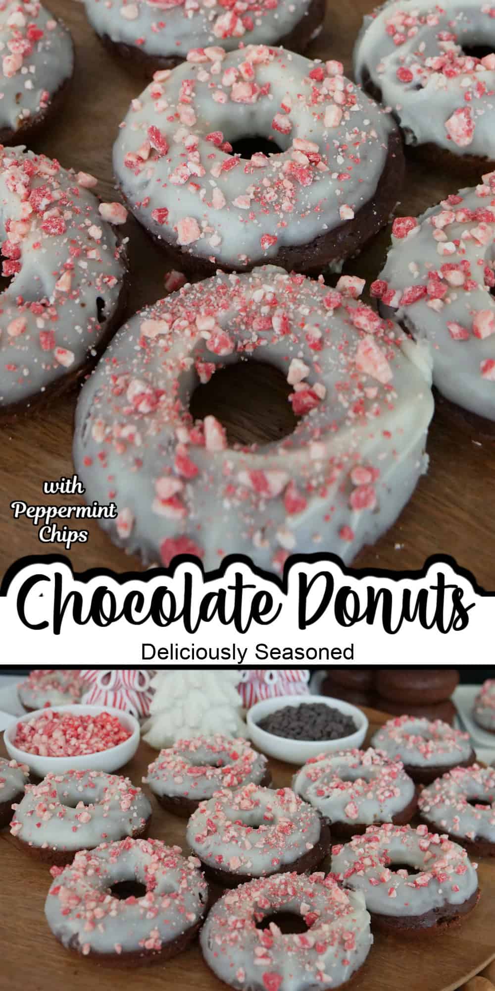 Two photos of iced chocolate donuts with the title of the recipe between the two.