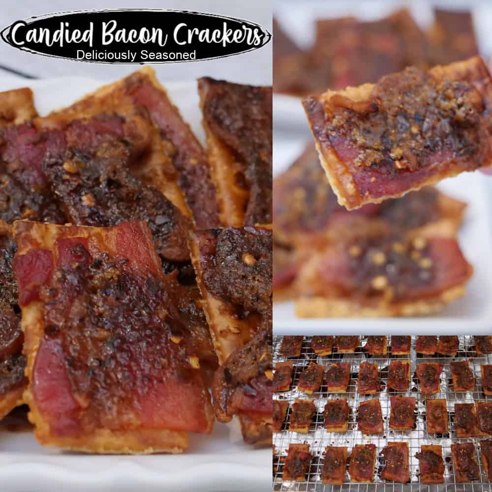 A three photo collage of crackers with candied bacon on them.