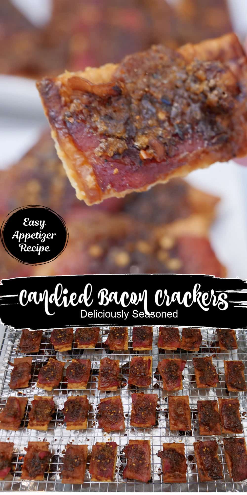 A double collage photo of candied bacon crackers with the title overlay in the center.