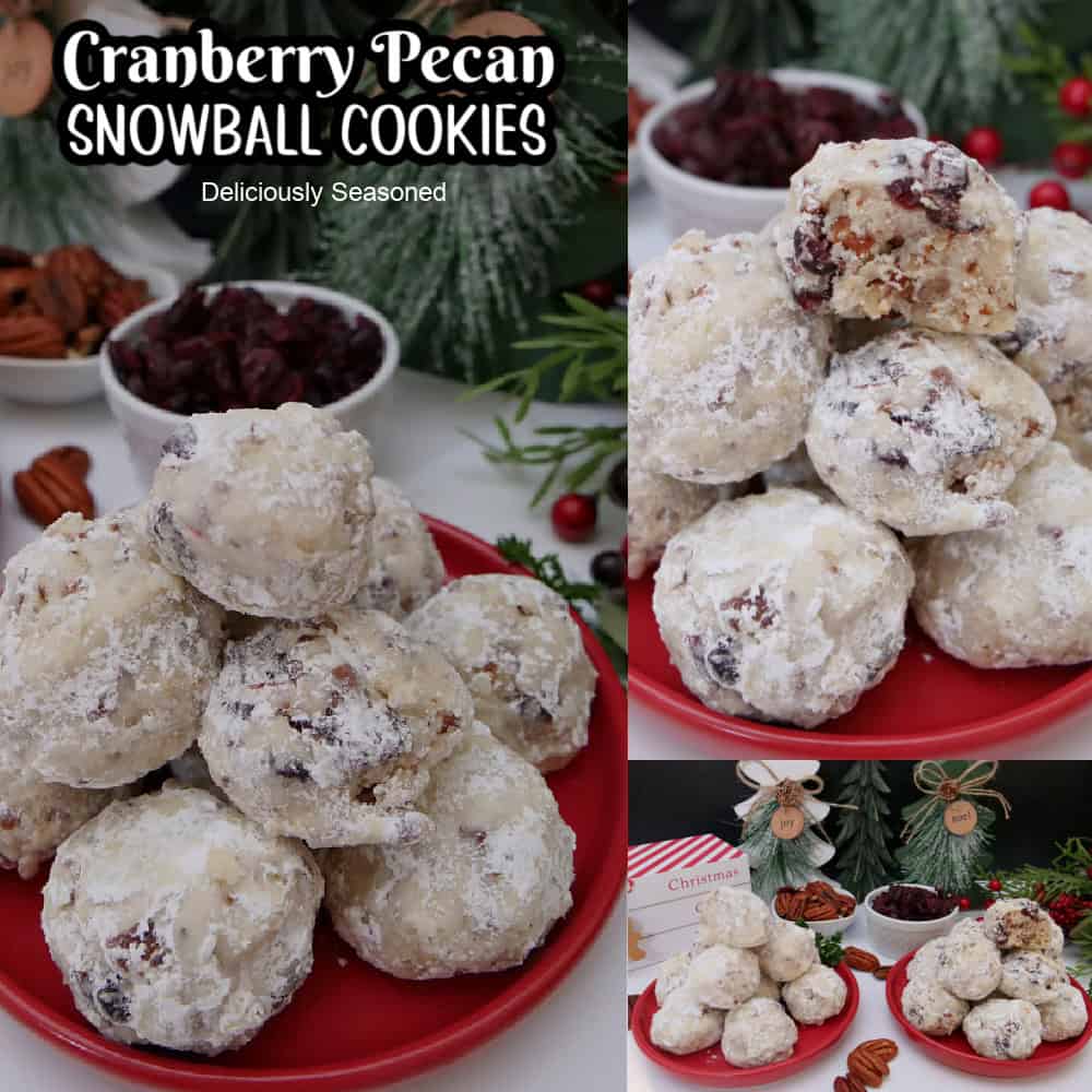 Three photos of snowball cookies with cranberries and pecan in a collage with the title overlay at the top.