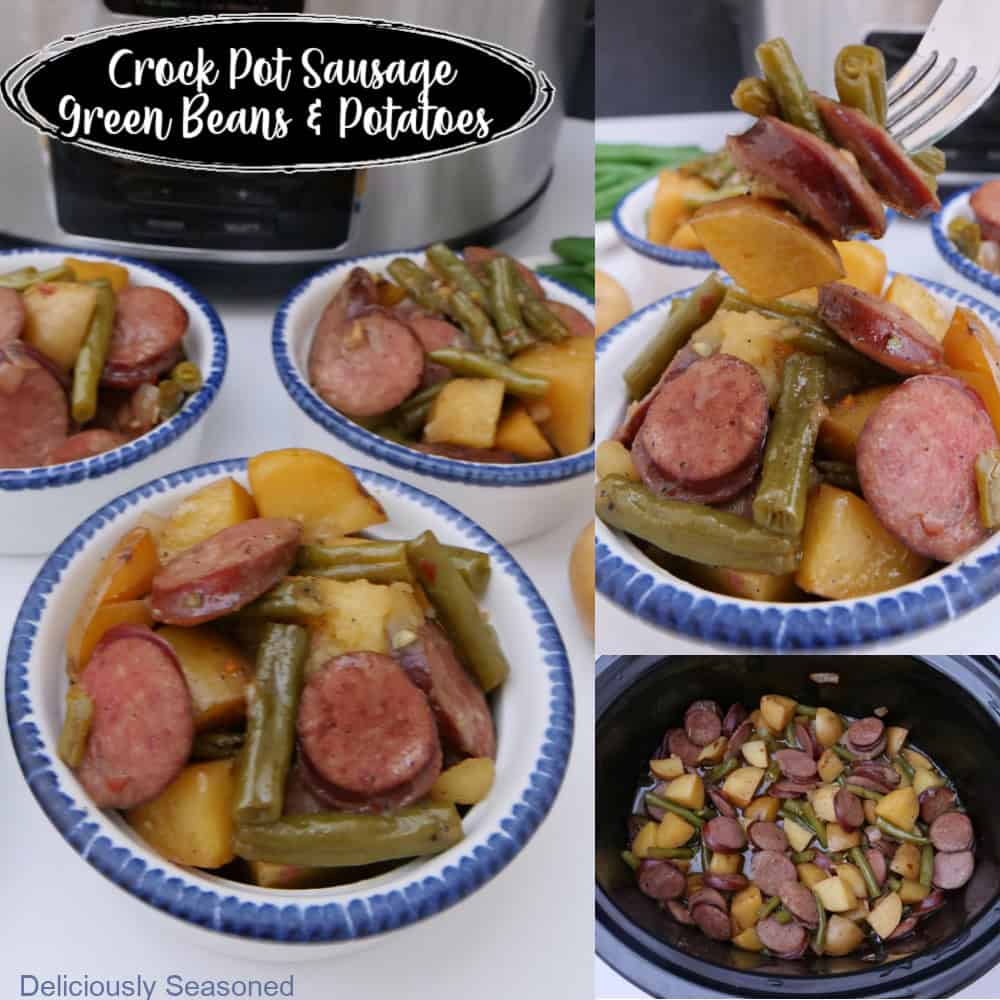 Three picture collage of sausage green beans and potatoes.