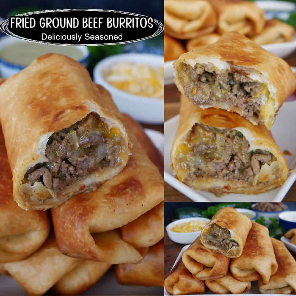 A three photo collage of fried ground beef burritos with the title overlay at the top left.
