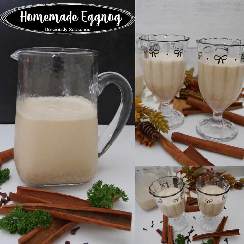 Three photos of homemade eggnog with the title overlay at the top.