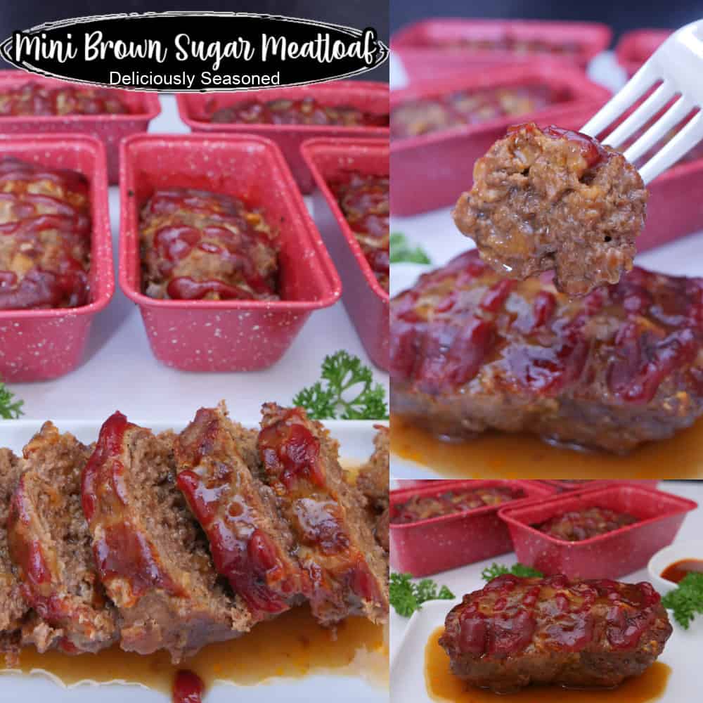 A three photo collage of mini brown sugar meatloaves with the title overlay at the top.