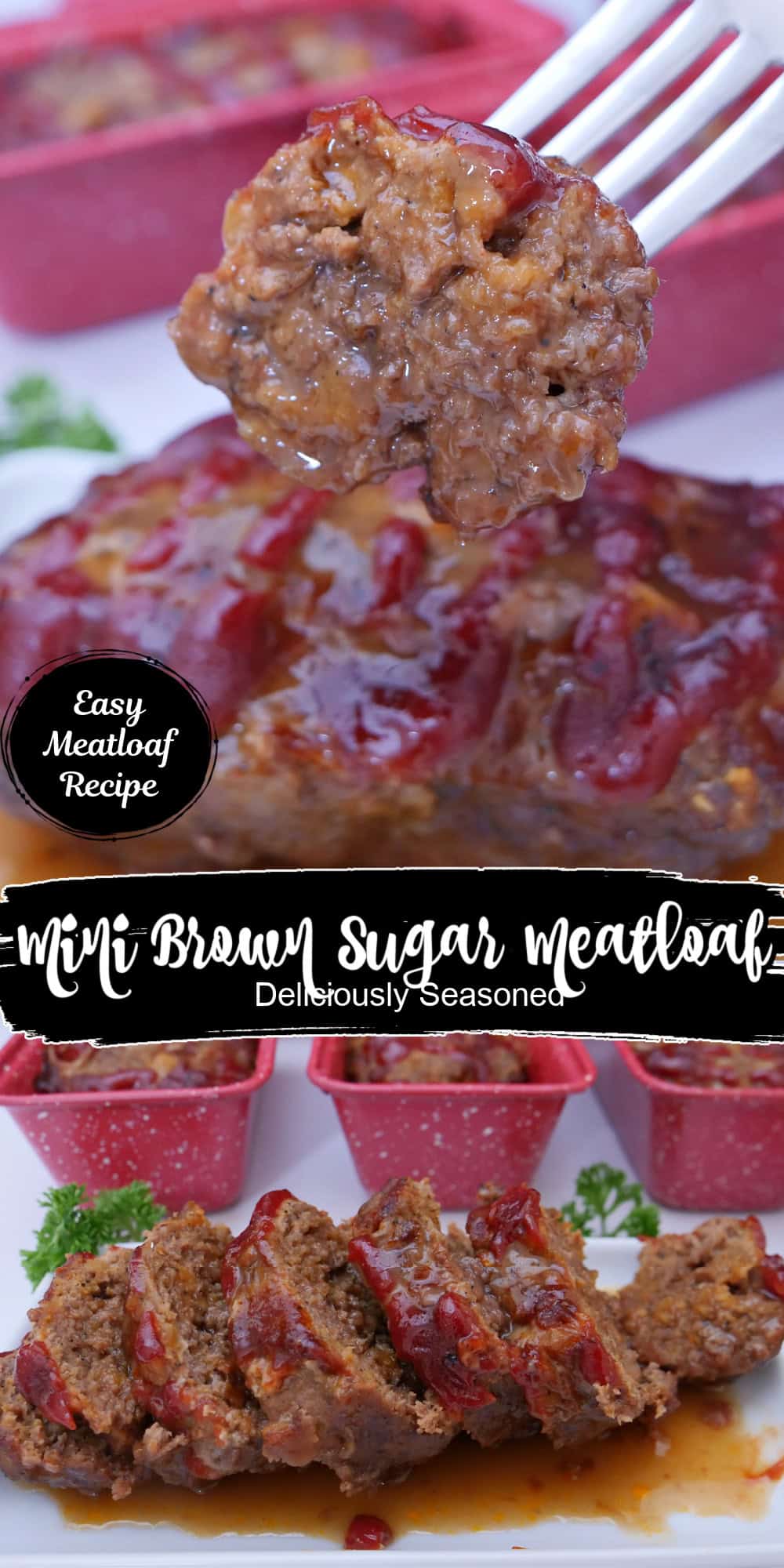 Two photos of mini brown sugar meatloaf with the title overlay in the center.