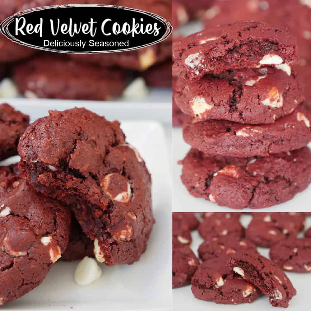 Three photos in a collage of red velvet cookies.