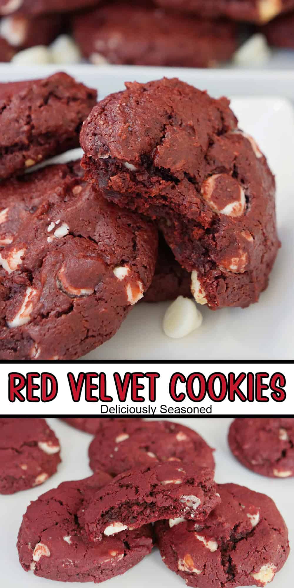 Two photos of red velvet cookies with the title of the recipe in the center.