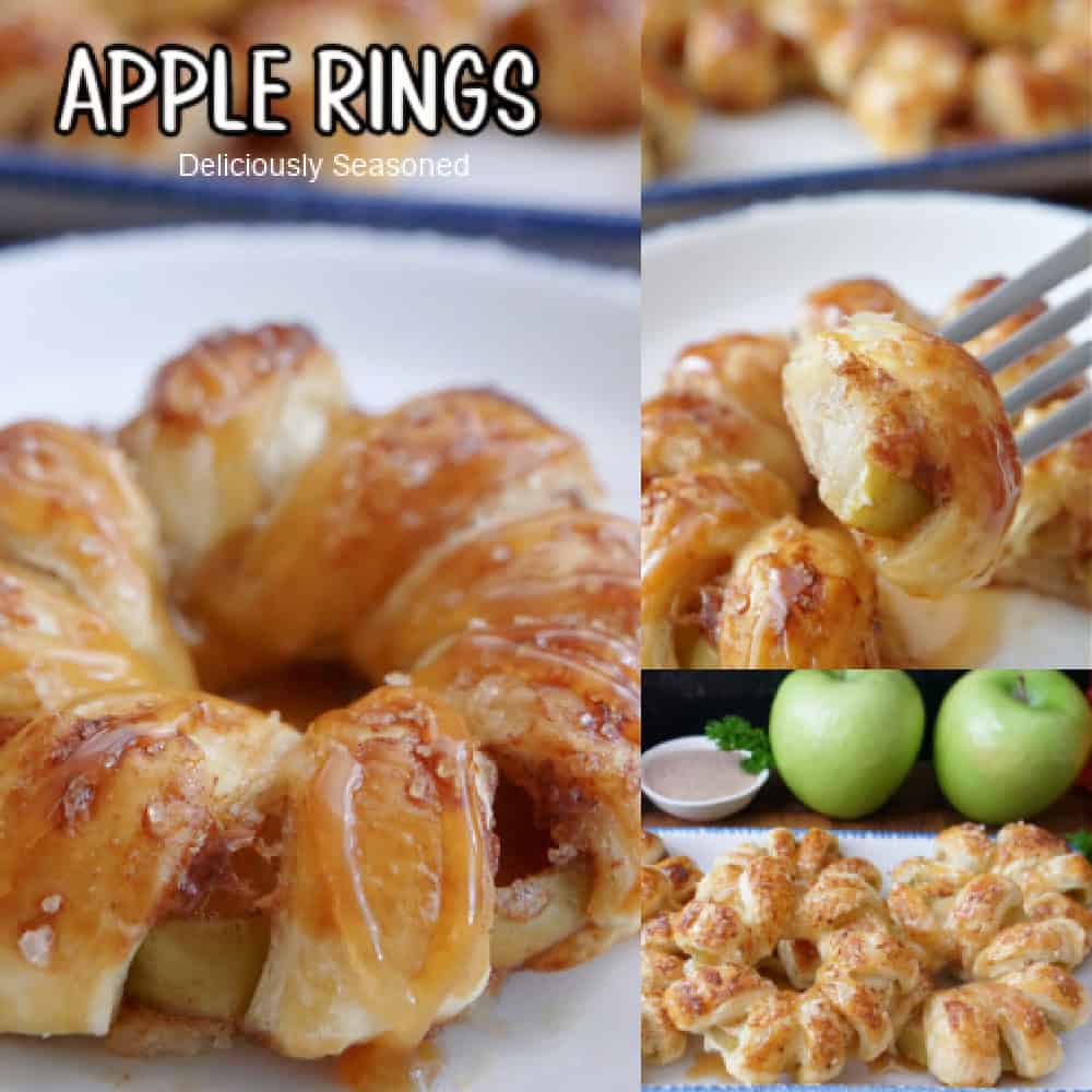 A three collage photo of puff pastry wrapped around apple slices and baked with the title overlay at the top.