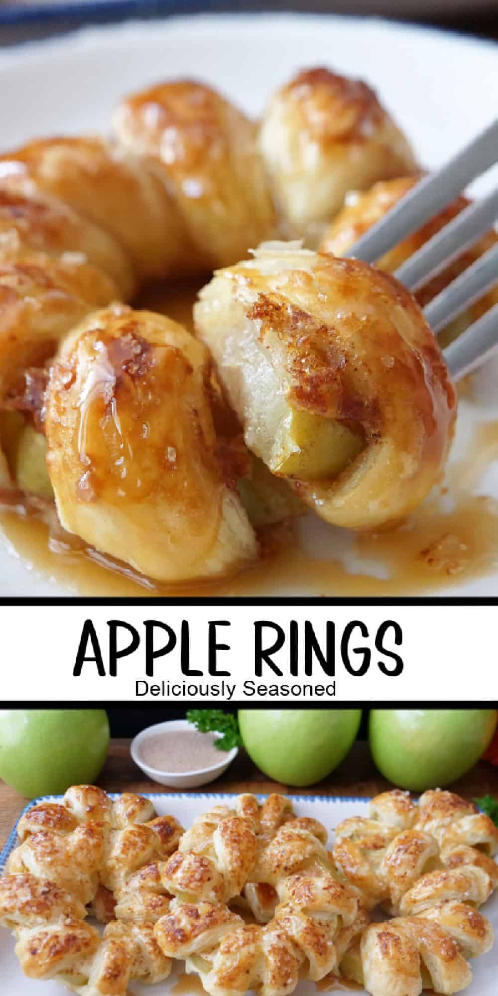 A double collage photo of apple rings baked in puff pastry strips with the title overlay in the center.