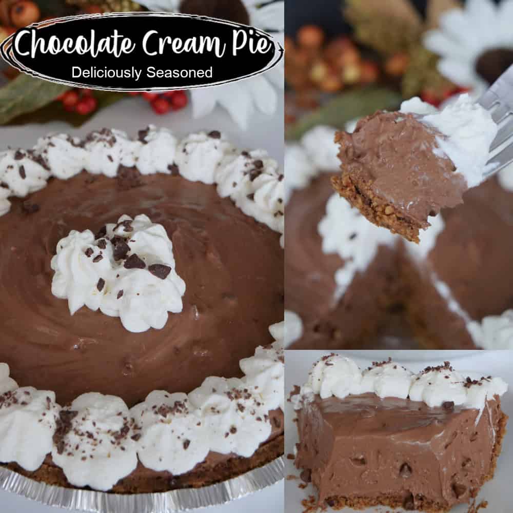 Three photo collage of a no bake chocolate cream pie.