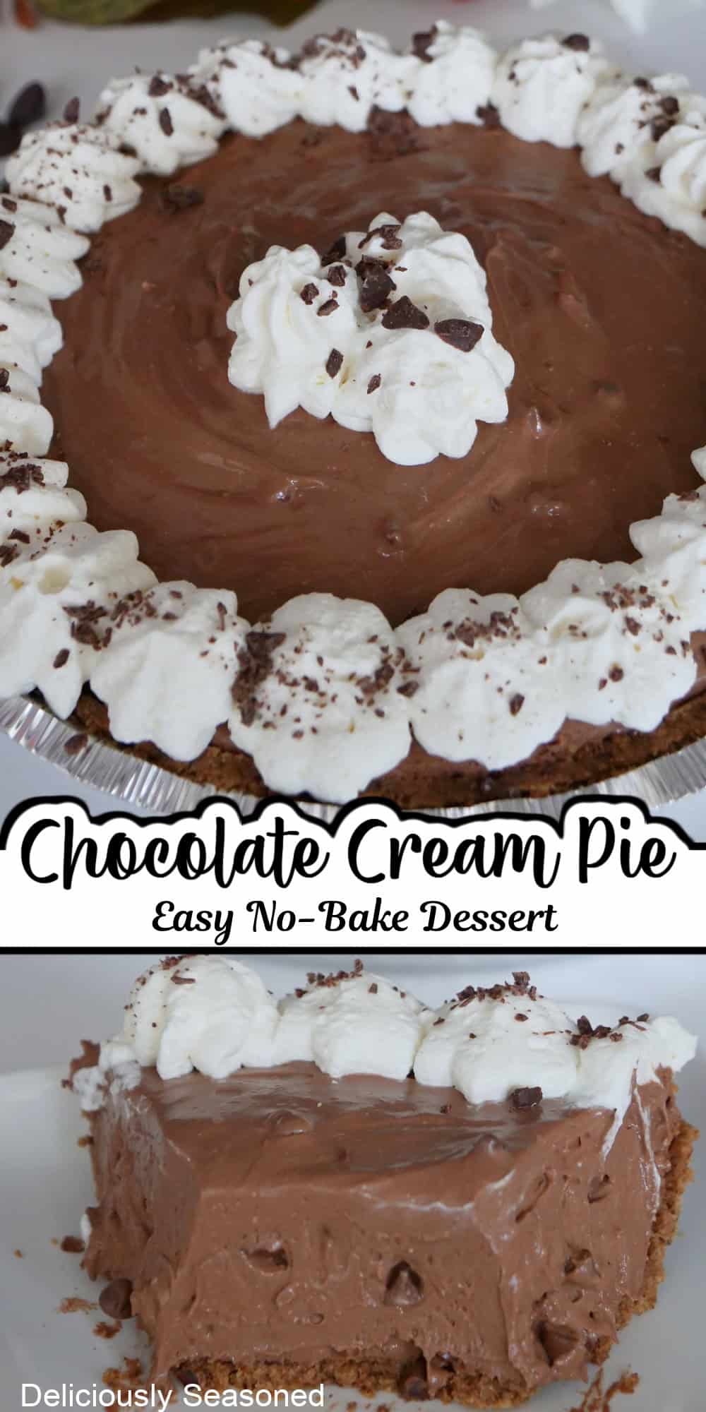 A double collage photo of chocolate cream pie with the title overlay in the center.
