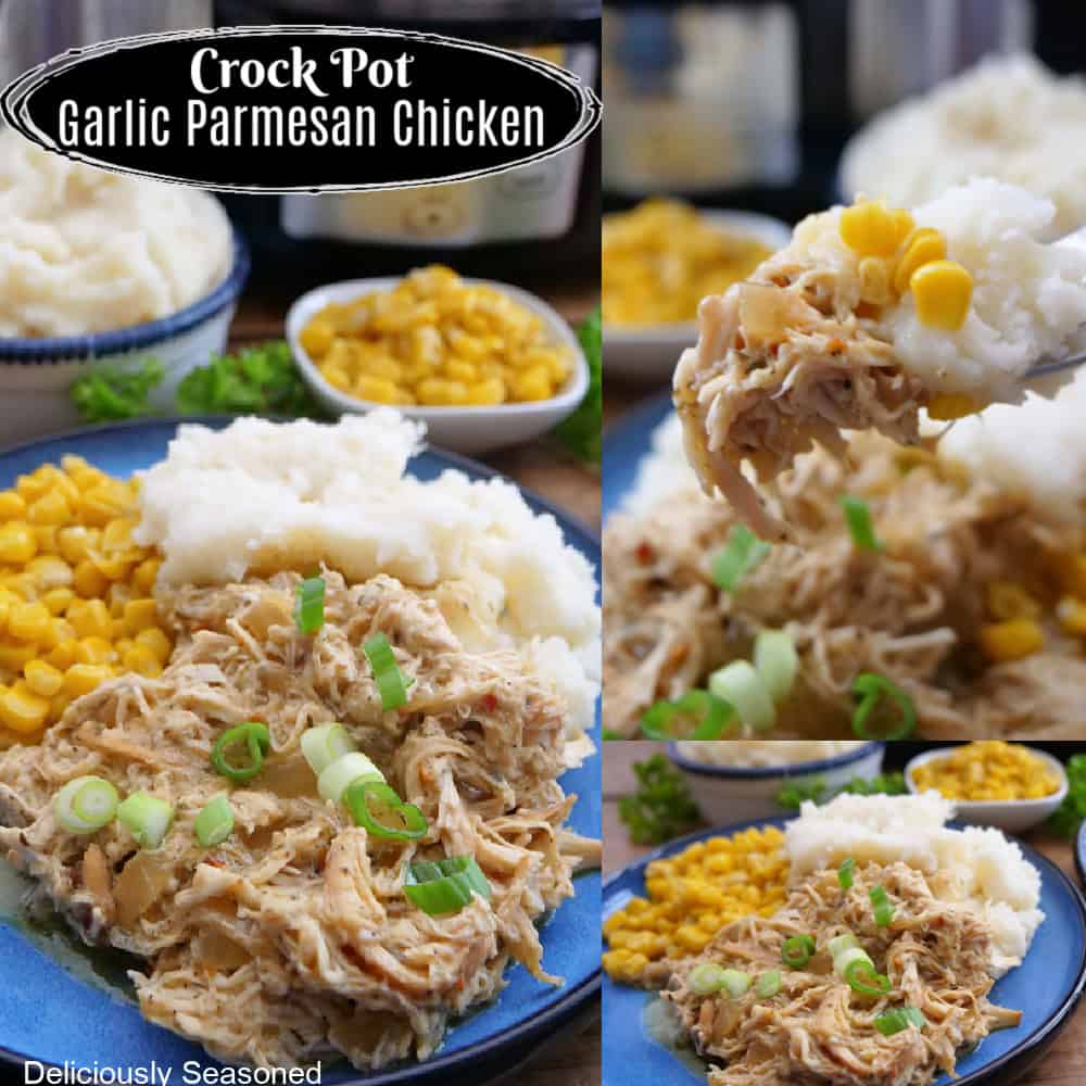 A three collage photo of crock pot garlic parmesan chicken with the title overlay at the top.
