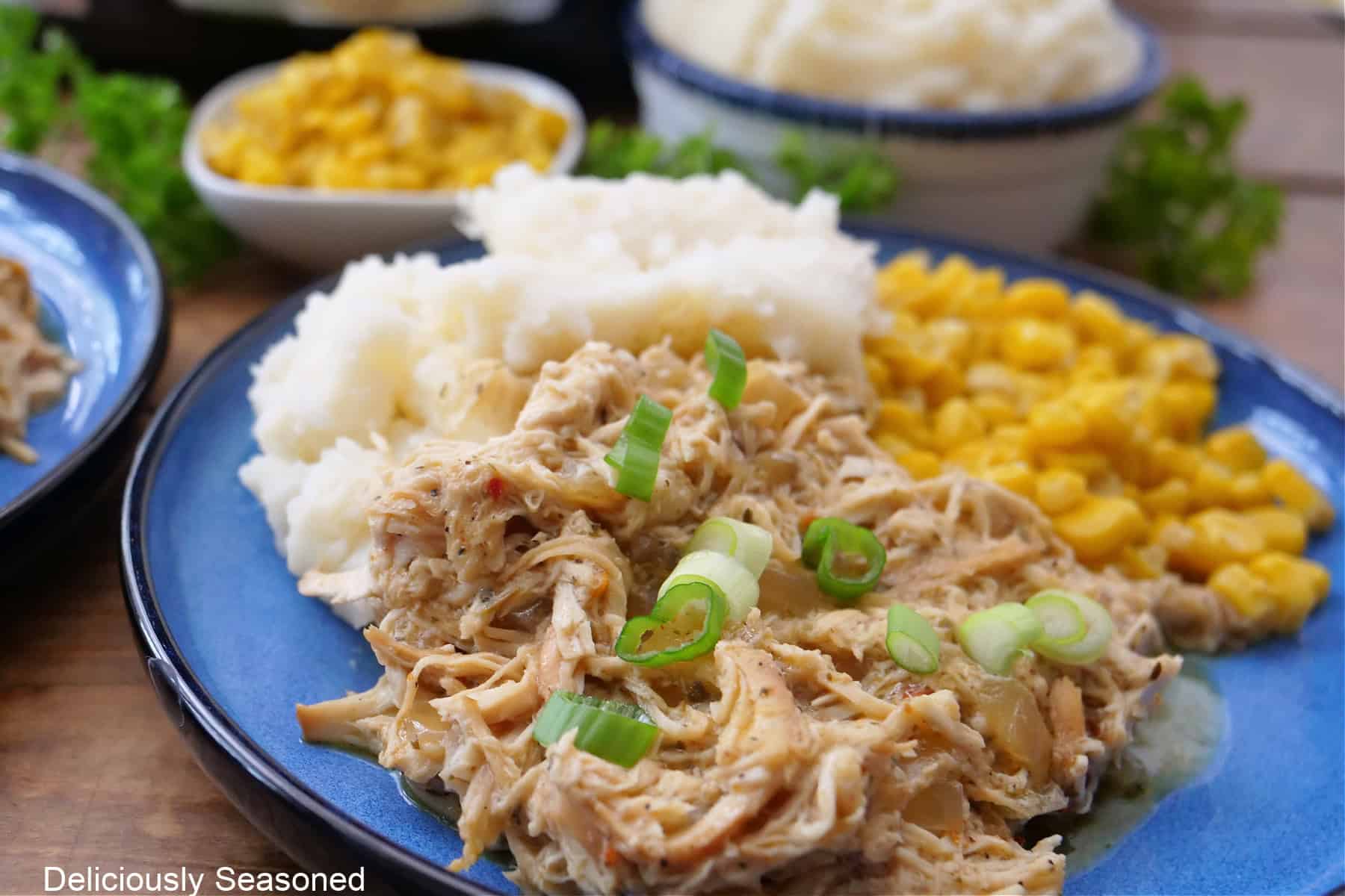 A round blue plate with shredded chicken, corn, and mashed potatoes on it.