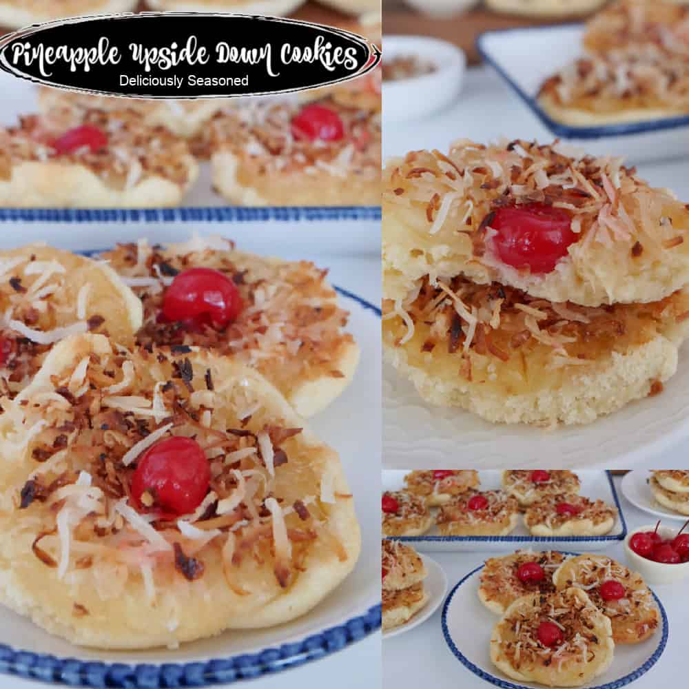 Three photos of pineapple upside down cookies and the title overlay at the top.
