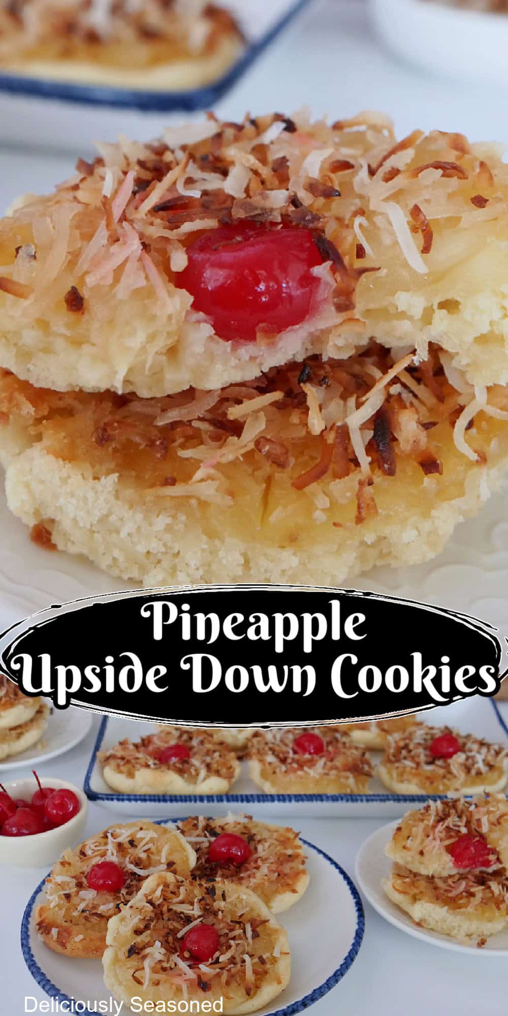 Two photos of sugar cookies with pineapple, cherry and coconut on top, with the title overlay in the middle.