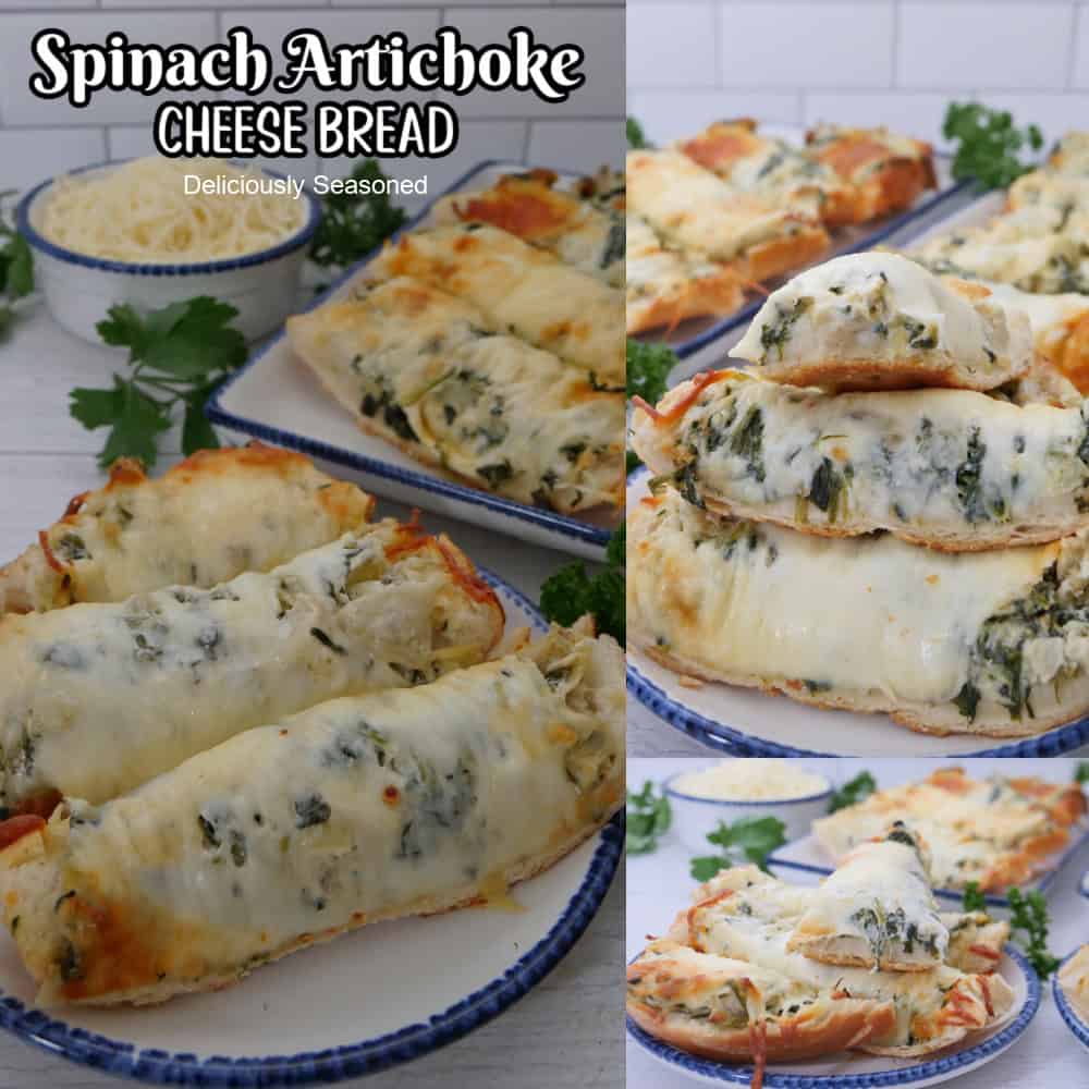Three photos of spinach artichoke cheese bread with the title overlay at the top.