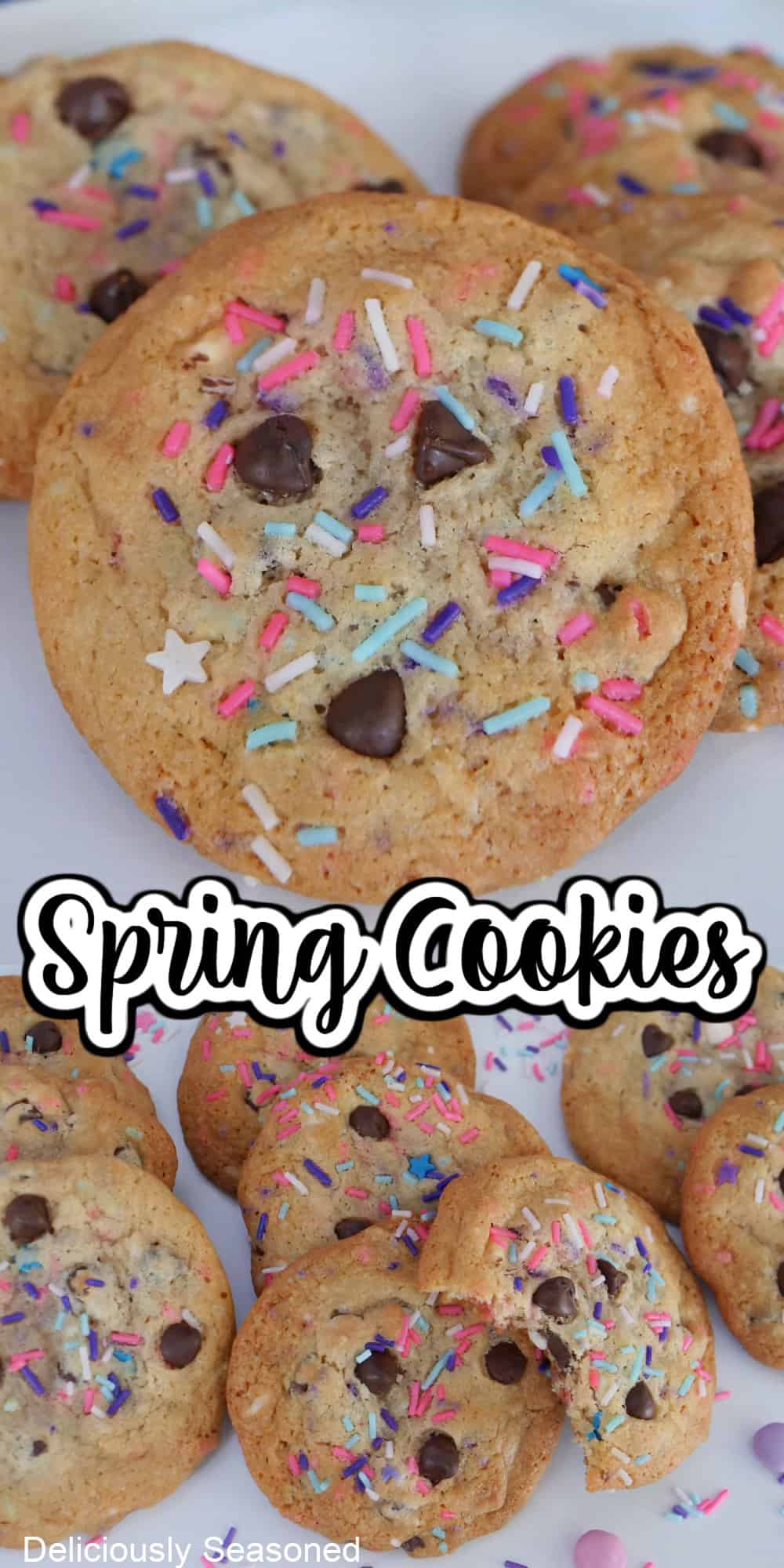 Two photos of cookies with spring colored sprinkles and the title overlay in the center.