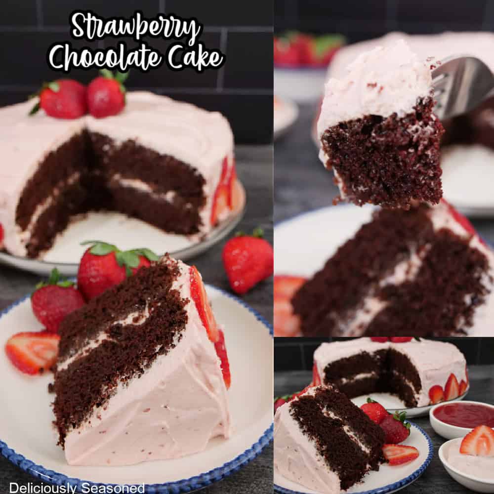 Three photos of a strawberry chocolate layered cake with the title overlay at the top.
