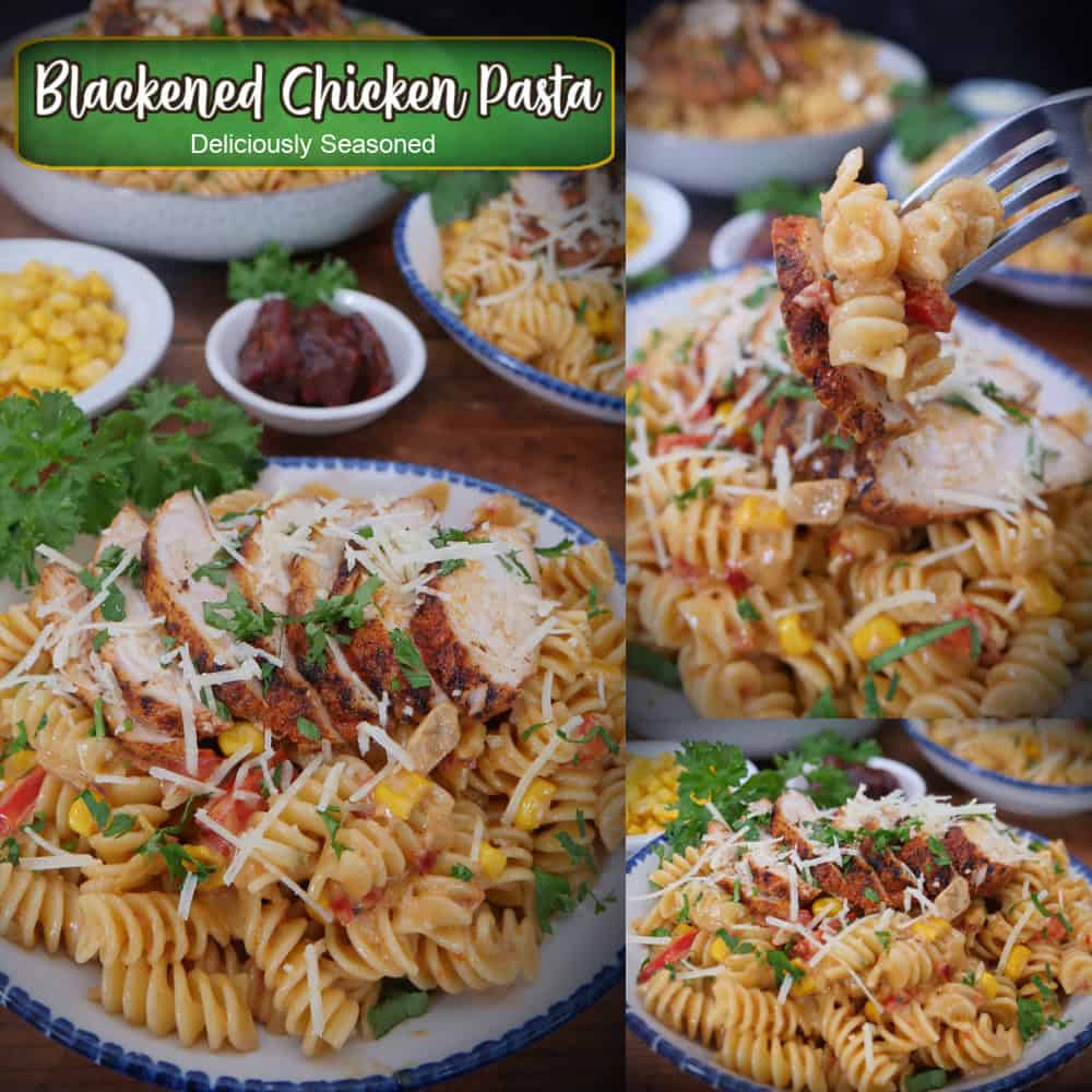A three collage panel with blackened chicken pasta with a title overlay at the top.
