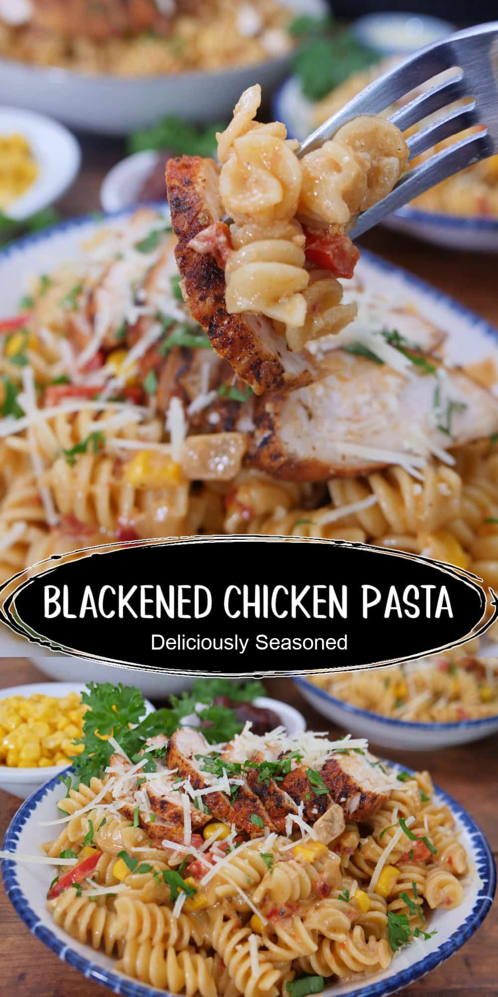 A two-panel collage of blackened chicken pasta and a title overlay in the center.
