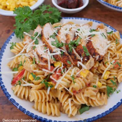 A round white bowl with blue trim filled with chicken and pasta.