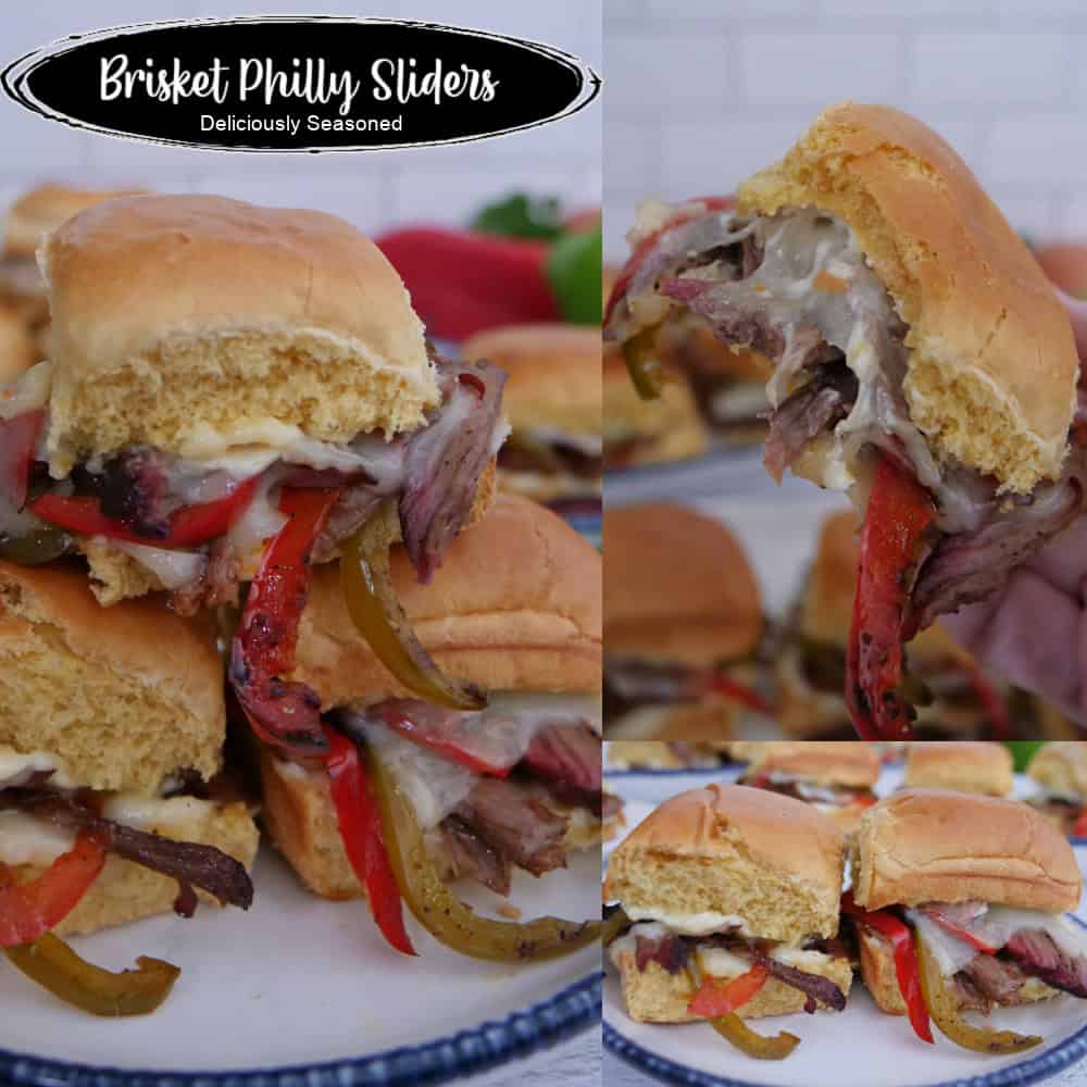 A three photo panel of brisket philly sliders and the title overlay at the top.