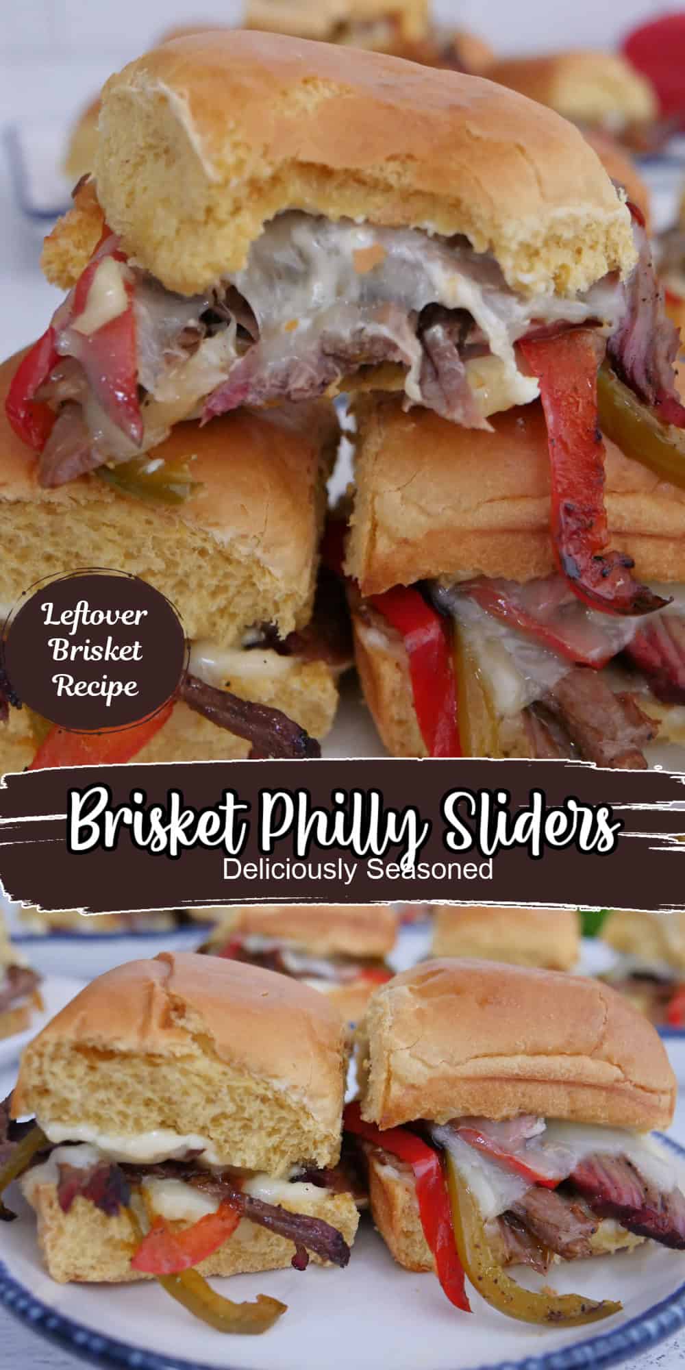 Two photos of brisket philly sliders with the title overlay in the center.