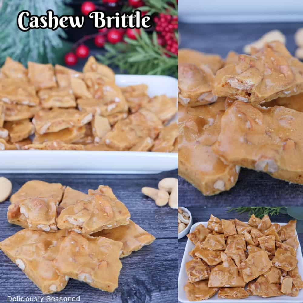 A three photo collage of cashew brittle with a text overlay at the top with the recipe title.