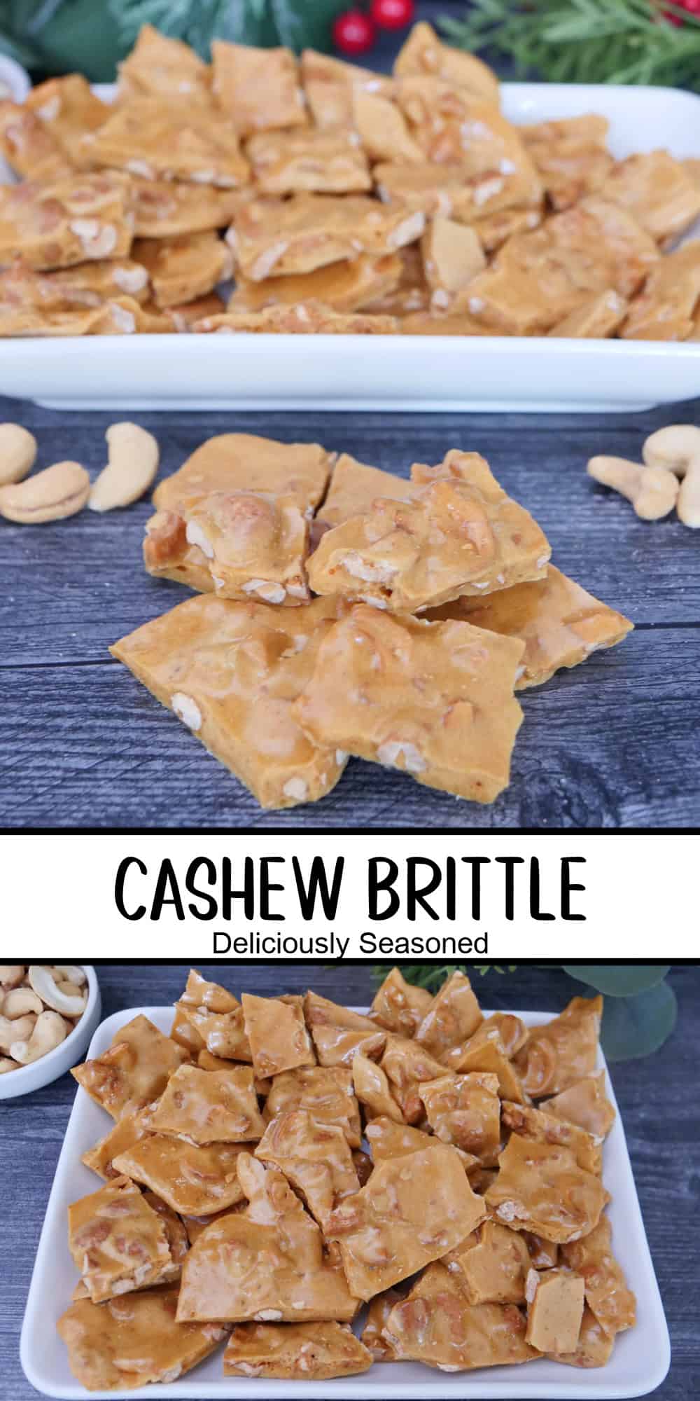 A double collage photo of cashew brittle with the title overlay in the center.