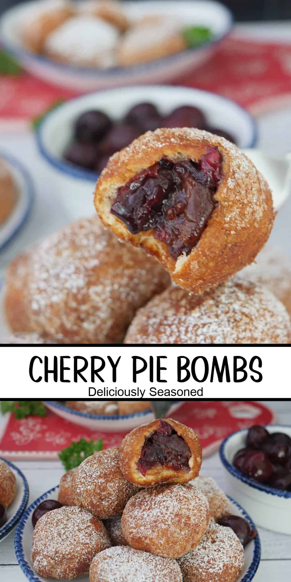 A double collage photo of cherry pie bombs with a title overlay in the center.