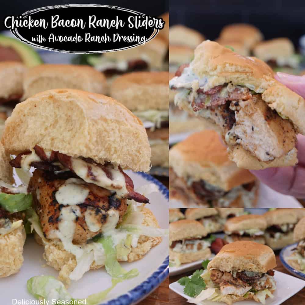 A three collage photo of chicken bacon ranch sliders with the title overlay at the top.